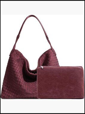Woven Faux Suede Hobo Tote Shoulder Crossbody Bag with Removable Clutch